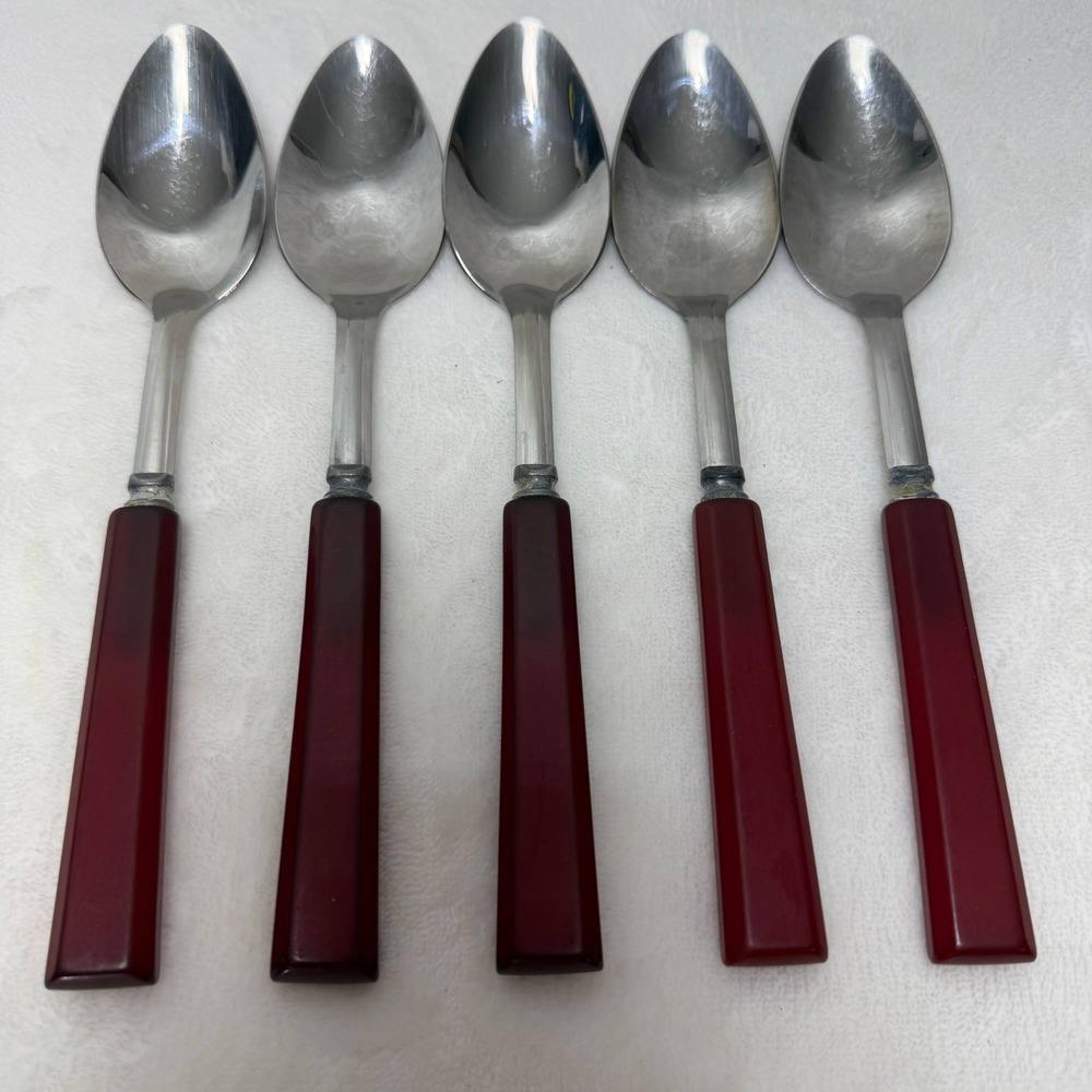 VTG Red Bakelite Handle Stainless Steel Spoons Set of 5 Mid-Century Art Deco - Picture 1 of 14